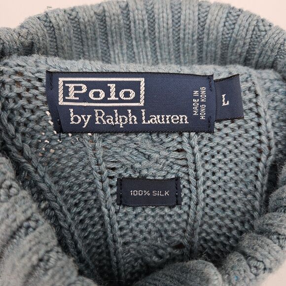 Vintage Polo Ralph Lauren Sweater Mens Large Silk Cable Knit Toggle Collar Blue - Picture 11 of 12